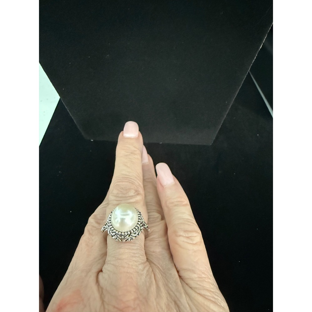 Sterling Silver Faux Pearl Filigree Cocktail Ring 925 Vintage Style Size 8